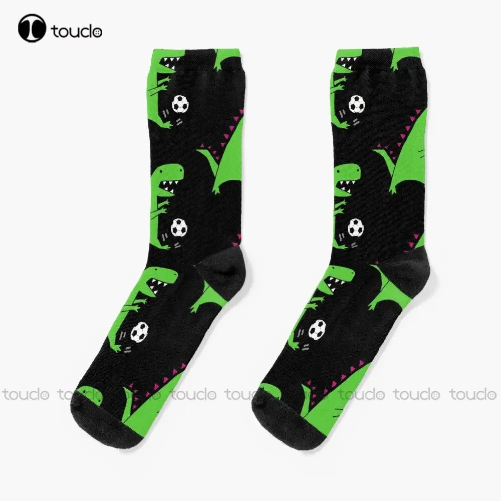 Funny Green T-Rex Dinosaur Playing Soccer Socks Kawaii Socks 360° Digital Print Christmas Gift Street Skateboard Socks Colorful