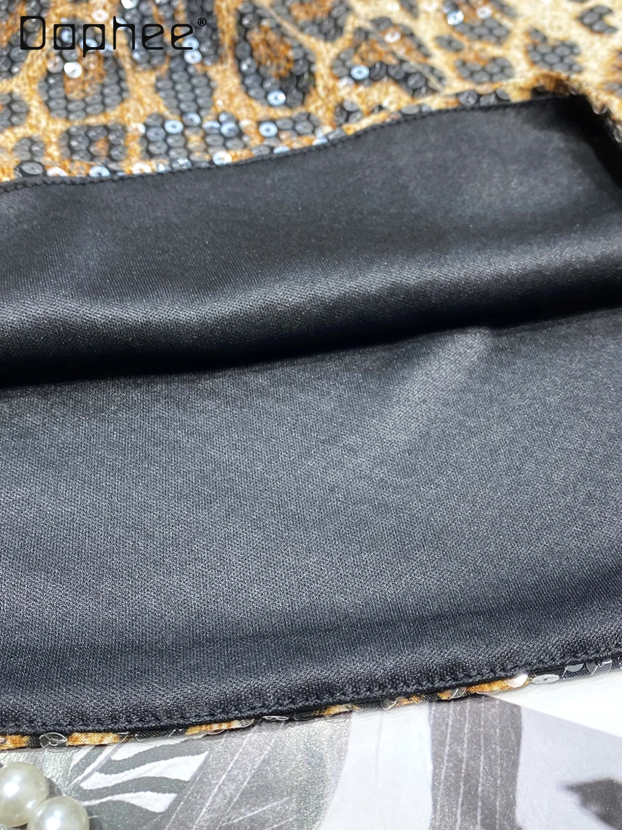 High street personalidade quente menina leopardo impressão lantejoulas saia brilhante moda sexy cintura alta magro mini saia feminina a linha saias