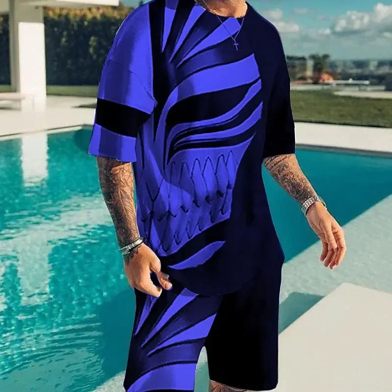 2025 3D Printed Fashionable Outdoor Leisure Sports T-shirt Shorts Summer Men's Two-piece Loose Round Neck Elastic Waist Set