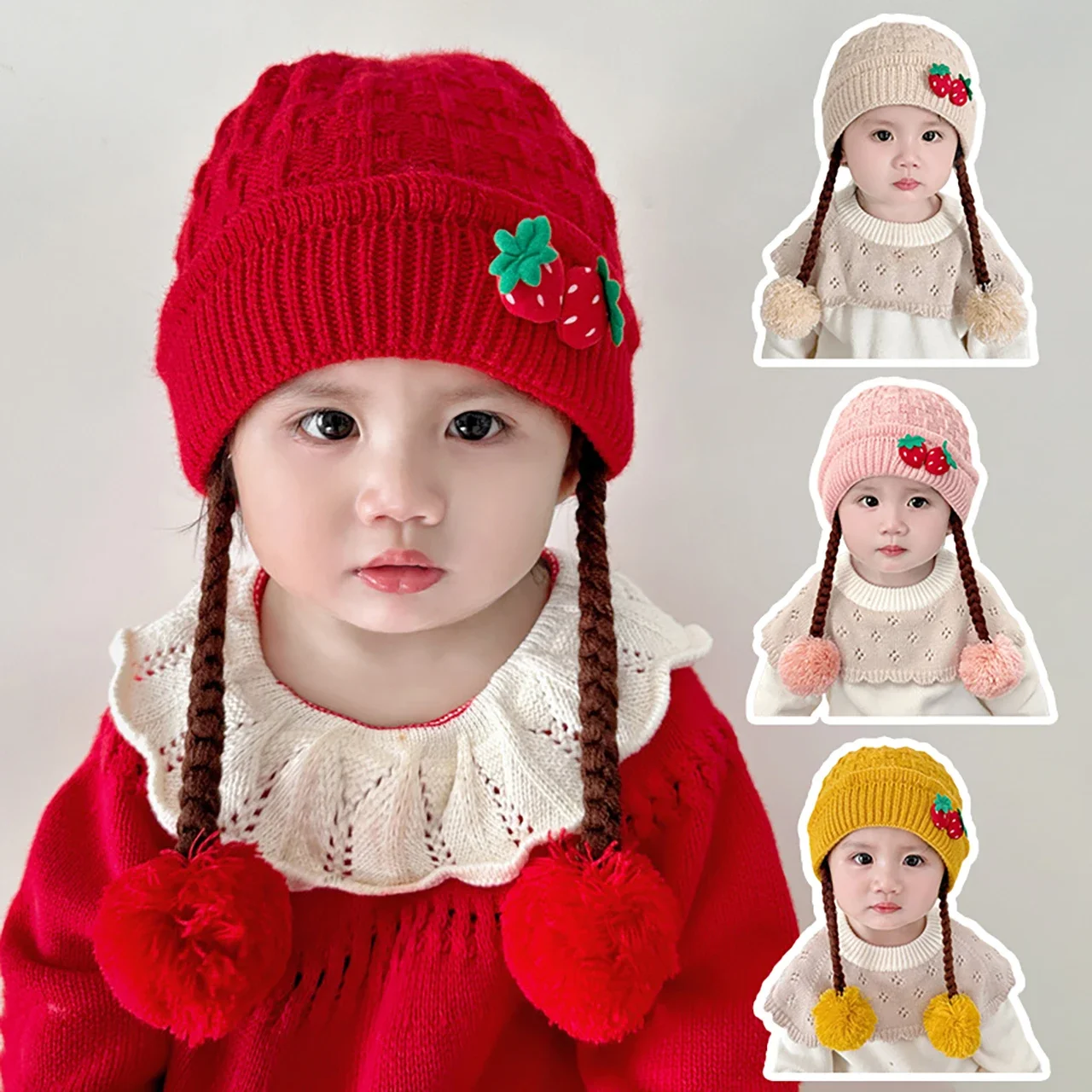 

Baby Girl Knitted Hat Cute Pompom Toddler Crochet Beanie Cap Kids Sweet Strawberry Braid Pullover Caps
