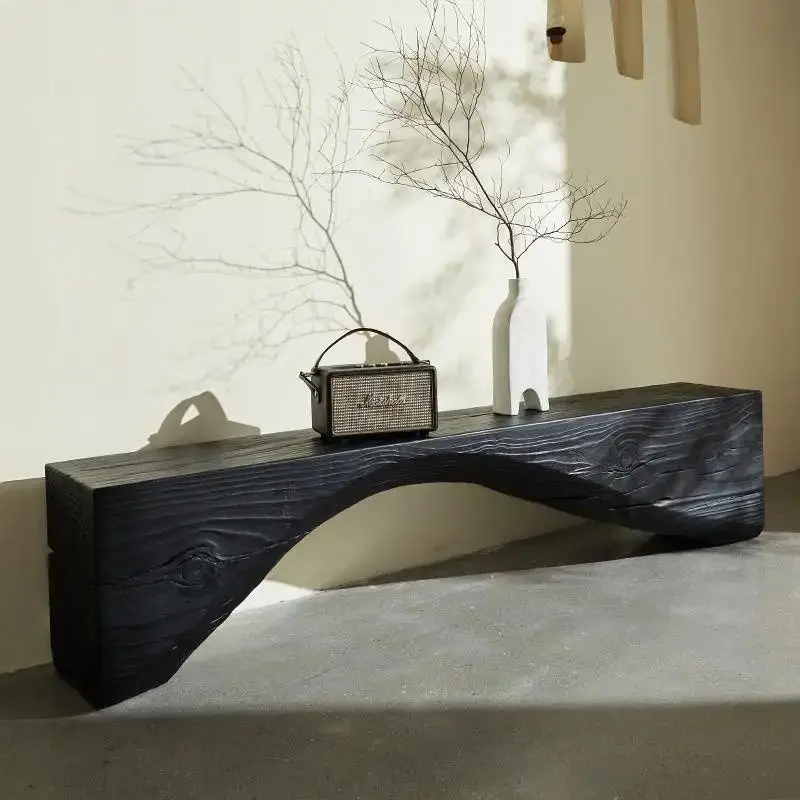 Fire burnt solid wood bench matte black homestay vintage wooden pier clothing store shoe stool log ornament