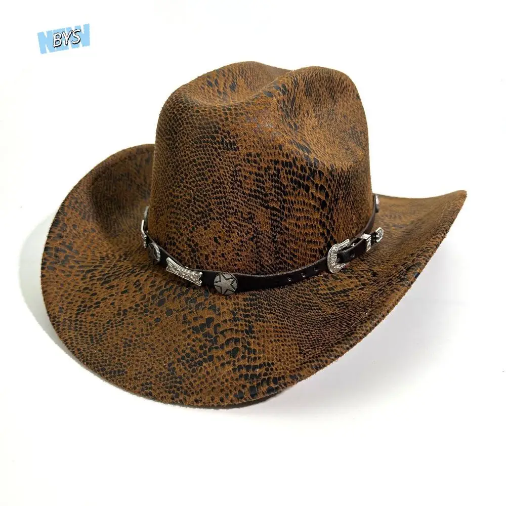 

Gentleman Ethnic Style Western Cowboy Hat Wide Brim Serpentine Cowgirl Jazz Hat Roll Brim Solid Color Visor Caps Cosplay