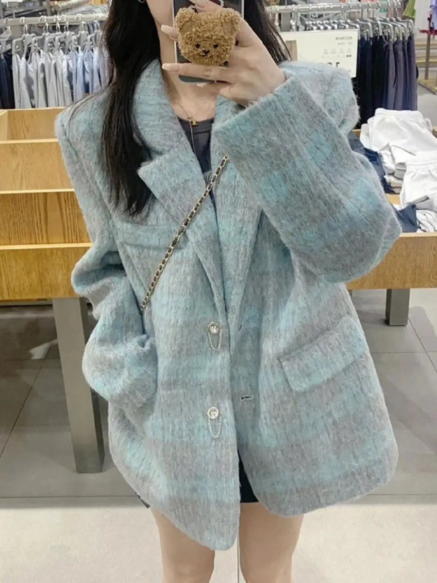 

Trendy Retro Plaid Woolen Coat Women's Autumn Winter Loose Fit Comfortable Soft Regular Length Soft Cozy Faion Design