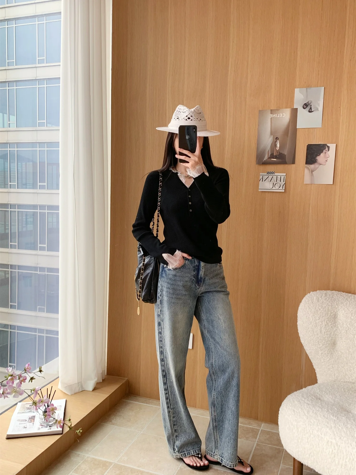 

High Waist Straight Leg Cotton Denim Jeans with Flipped Grey Blue Rhinestones Vintage Washed Ladies Spring Fashion