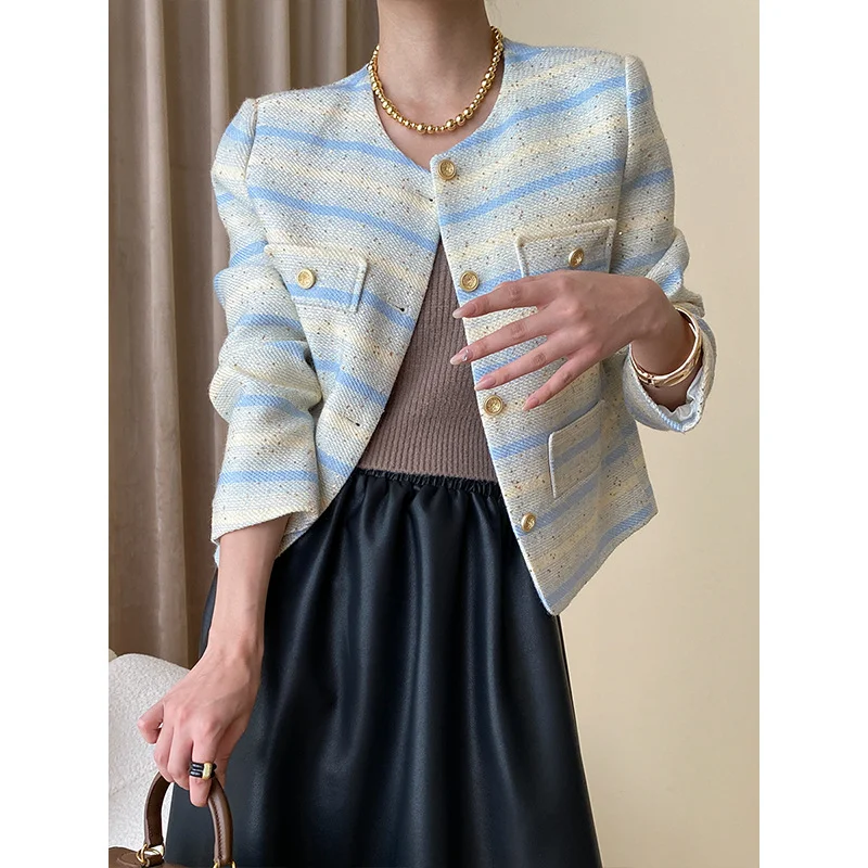 Women French High Quality Sweet Short Jacket Simple Casual Loose Korea Small Fragrant Vintage Striped Blue Tweed Office Coat 167