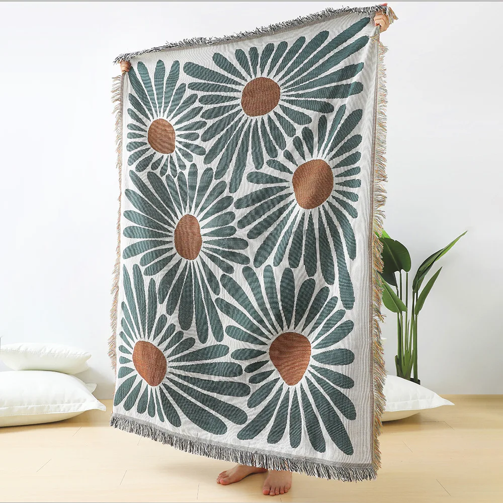 Floral Daisy Pattern Woven Throw Blanket Wall Carpet Sofa Bed Room Decor Tassel Thread Blanket Large Throw Tapestry Picnic Mat