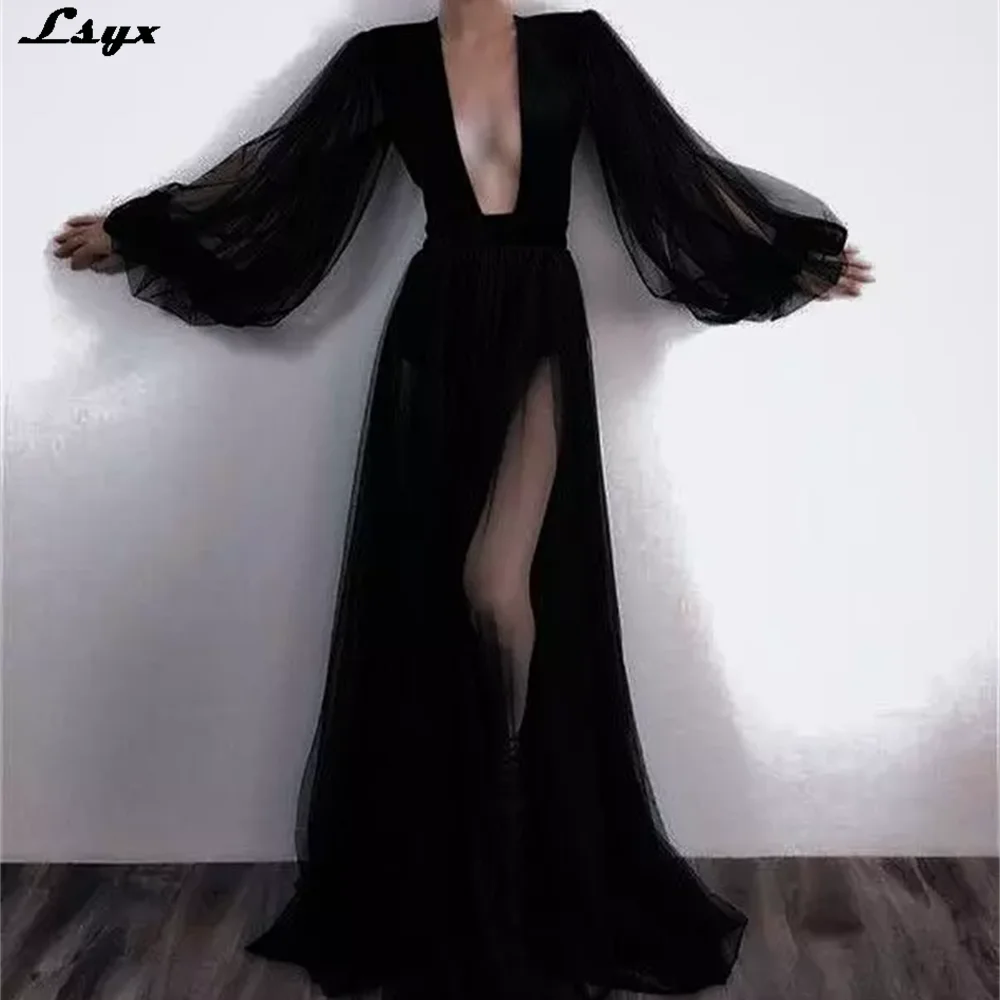 LSYX Perspective Prom Dress 2023 Black Puffy Sleeve Evening Dress Sexy Deep V-neck Party Dress Tulle فساتين مناسبة رسمية