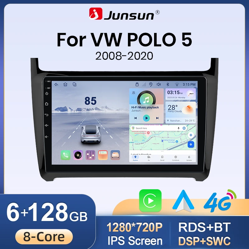 Junsun Autoradio für VW POLO 5 Limousine 2008-2020 mit CarPlay, Android Auto, FM, RDS, DSP, BT, GPS-Navigation, Lenkradfernbedienung, HD IPS Touchscreen, Plug & Play Multimedia-Player,
