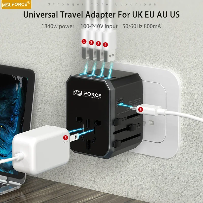 universal travel plug adapter 4 usb multiple ports charger type c 230v 1840w Socket wall charger for iPhone 15 pro max laptop