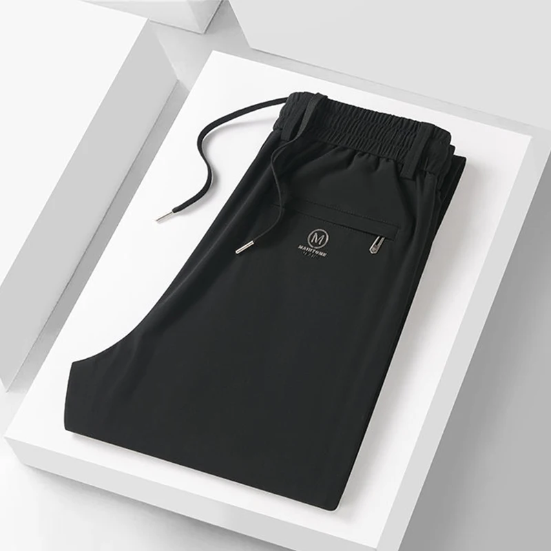 Heren lente zomer dunne ijzijde casual broek hoge elasticiteit sneldrogend rechte pijp elastische taille sportbroek