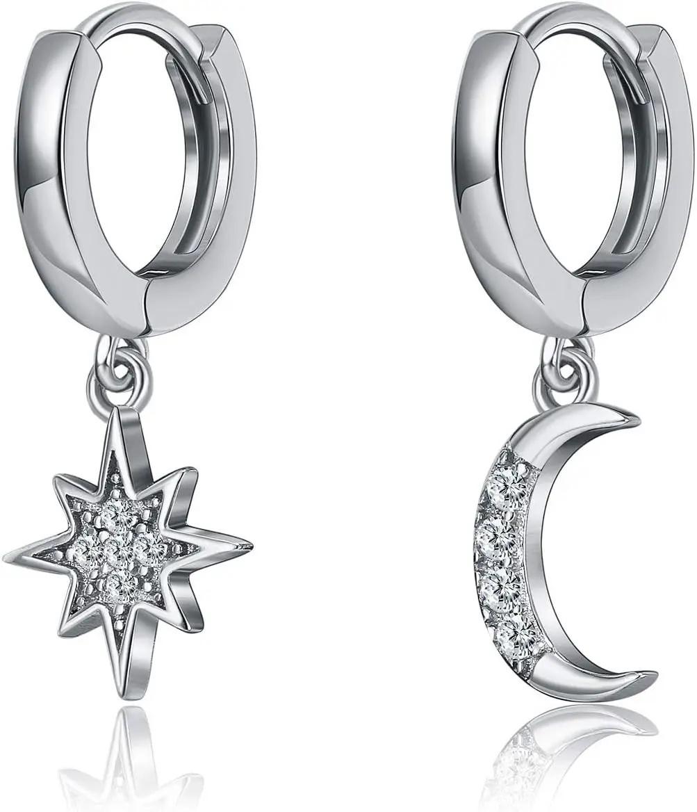 

Mini Silver Moon Star Hoop Earrings with Crystal Drop for Women