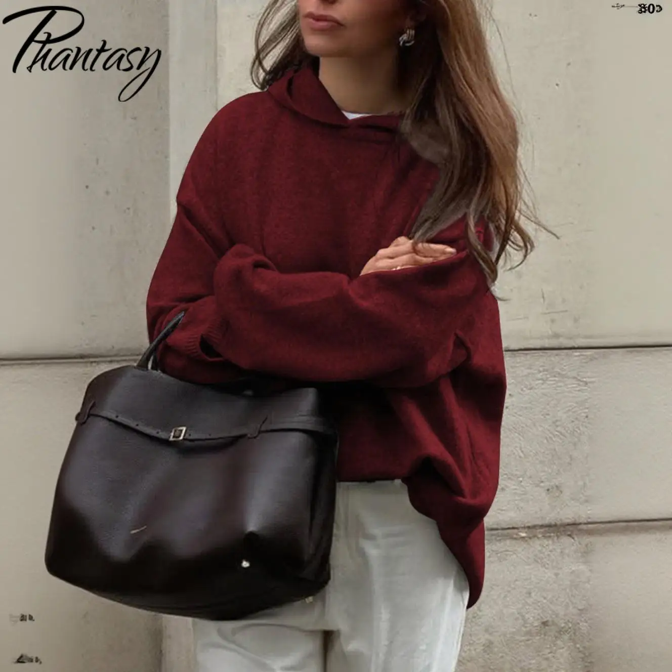 

Phantasy винтажный свитер, простой удобный свободный свитер с капюшоном и длинными рукавами, модный однотонный свитер, 2025 г., женская одежда