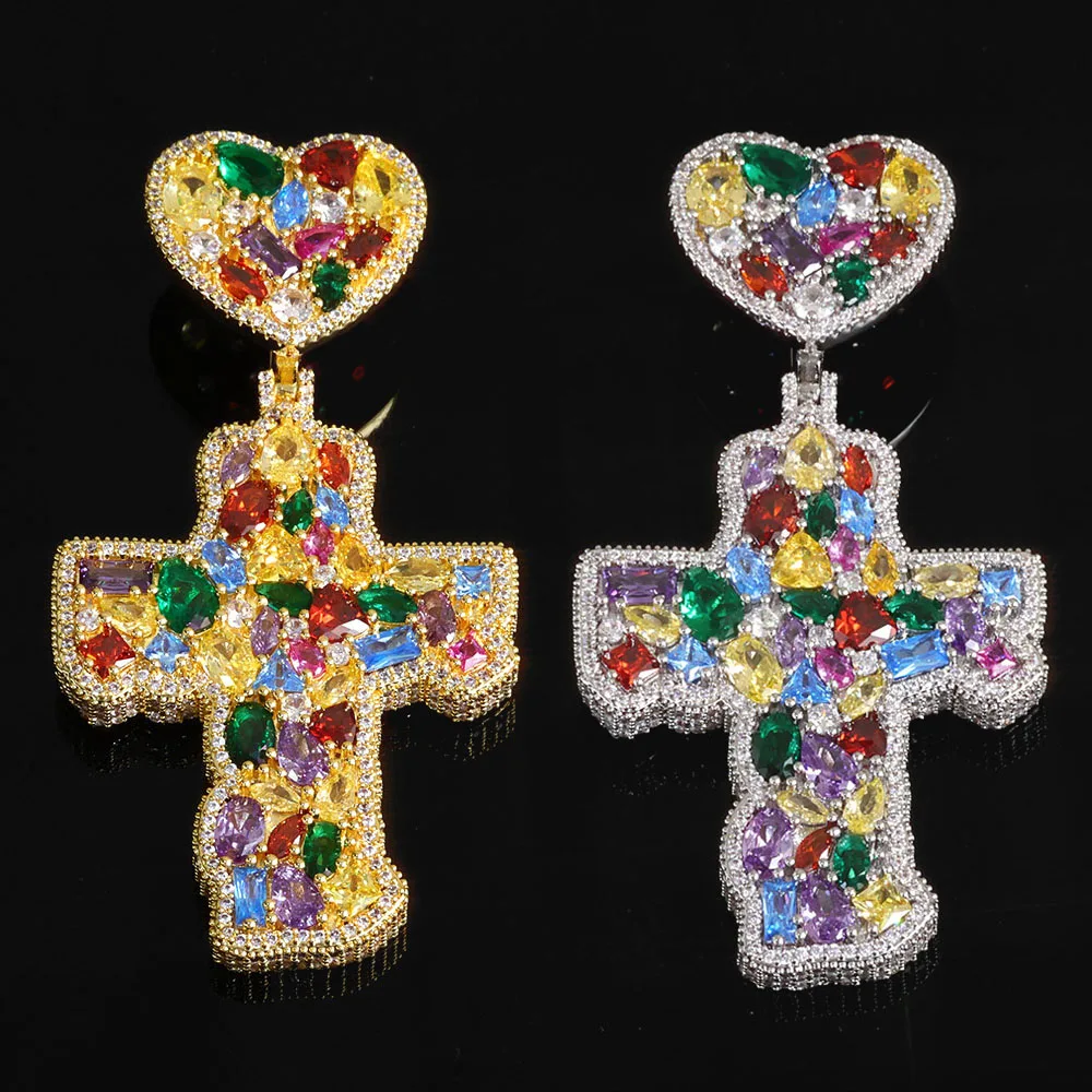 

HHIOK Customized Colored Gemstone Iced Cross Pendant Necklace 5A Cubic Zirconia Shining Fashion Hip Hop Style Pendant Jewelry