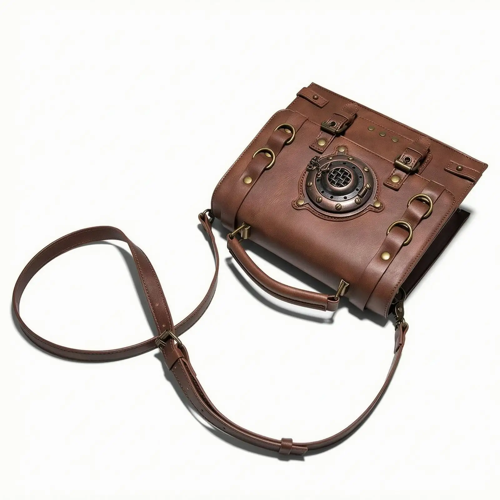 Steampunk PU Leather Women Shoulder Handbag Retro Square Crossbody Bag with Detachable Strap for Daily Use