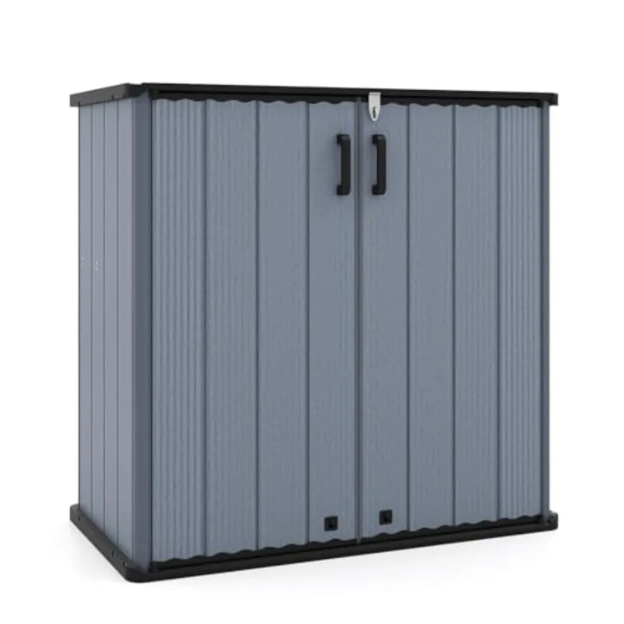 Outdoor storage shed for garden tools, weather-resistant resin, gray, 23.5 cu.ft capacity with floor, lockable door and removab