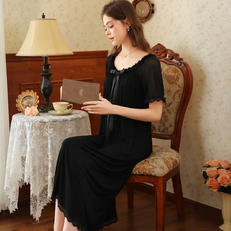 

New Summer French Retro Princess Style Short-Sleeved Pajama Dress for Girls Soft Lace and Loose Long Sleepshirts Homewear