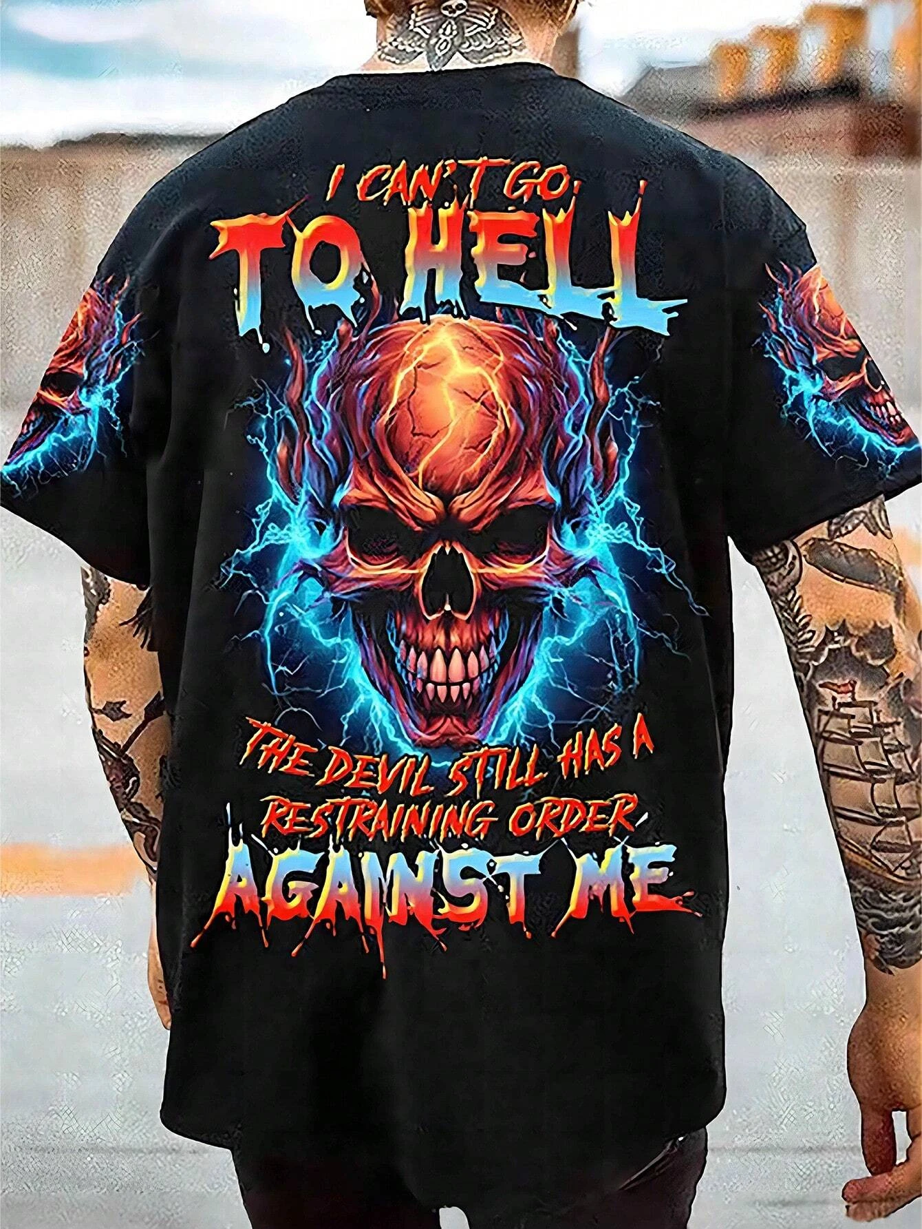 Männer Plus Größe Schädel Blitz Gedruckt Tropfen Schulter Bunte Kurzarm T-Shirt Ausgehen Straße Tragen