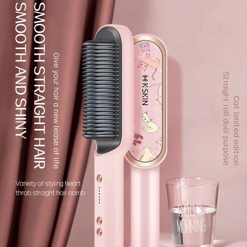 New Fast Heating&Anti-scalding Sweet Cat Hairdressing Flower Shape Straightener Brush Blow Dryer 2 In1 Comb Limited Color