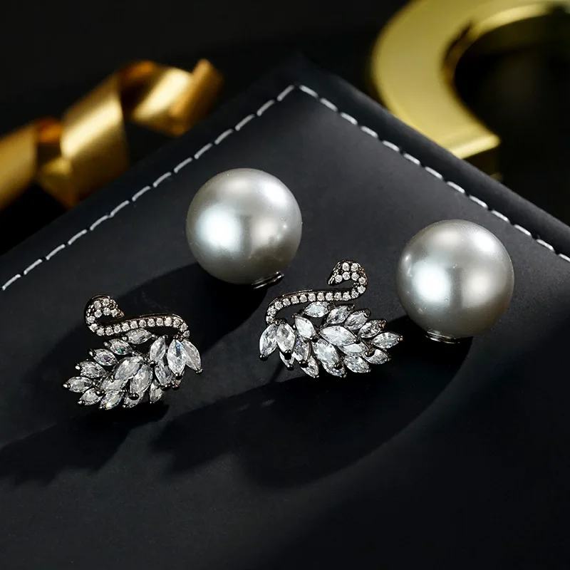 S925 silver needle, a two-generation black swan bead stud earrings, light luxury, high-end sense, fashion, personalized temperam