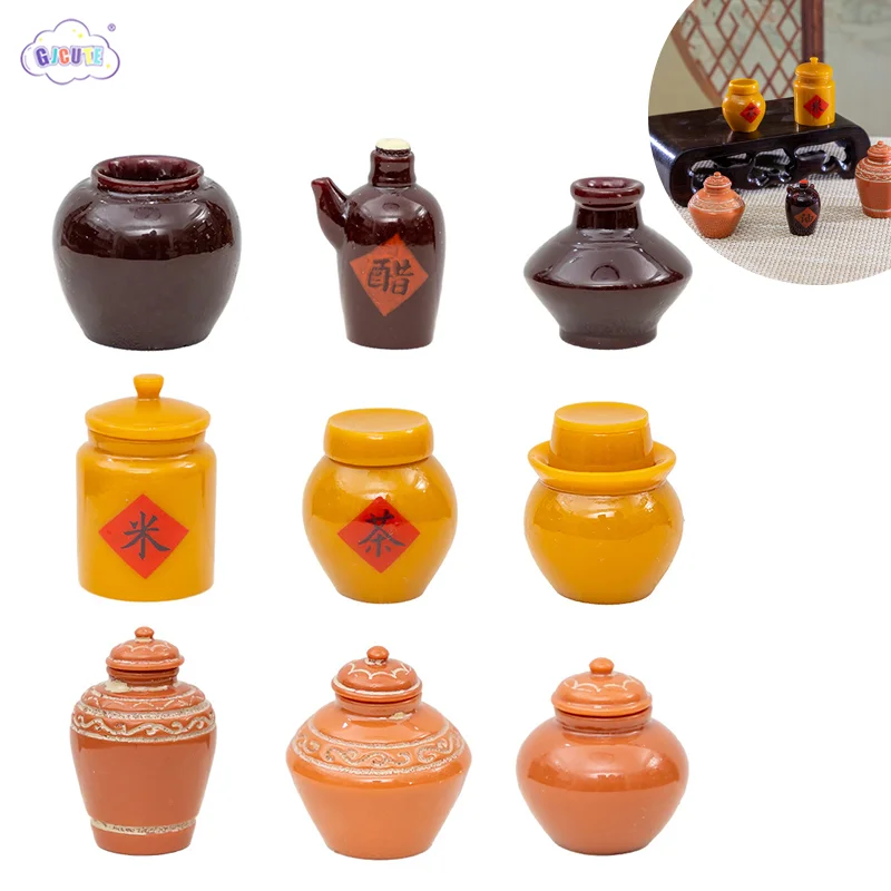 6Pcs Dollhouse Miniature Wine Altar Tea Jar Clay Pot Flowerpot Vase Home Model Decor Toy Doll House Accessories