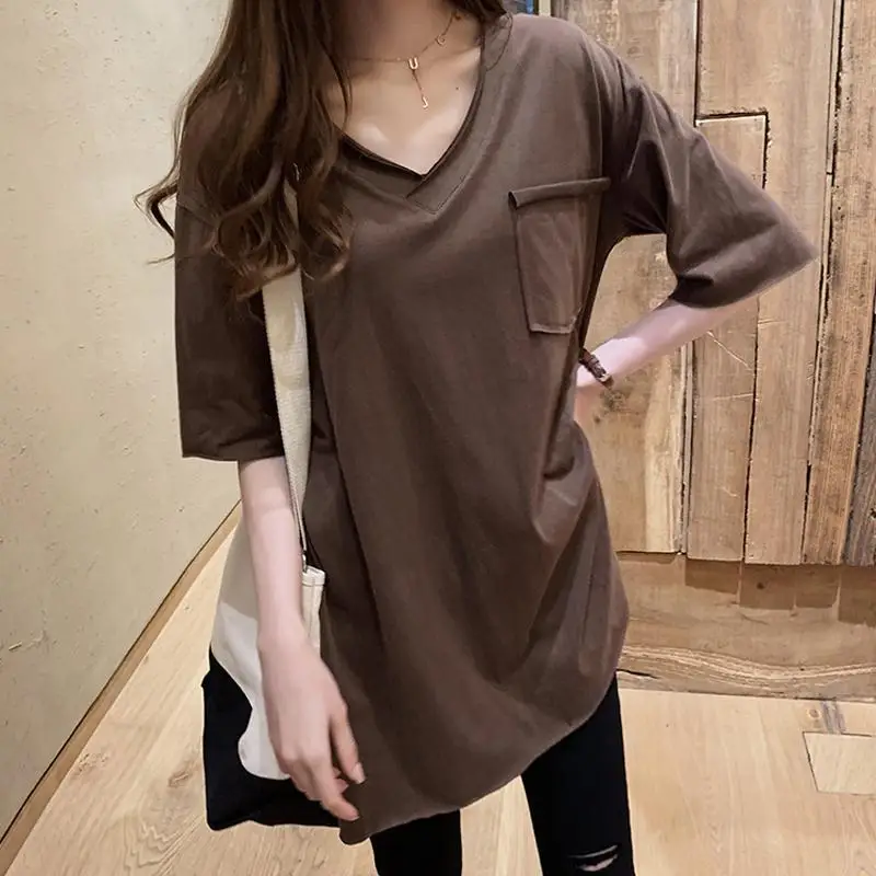 

Sexy V Neck Short Sleeve Korean Style Oversized Streetwear Tunic Basic Top Female Summer Casual Solid Patch Pocket T Shirt Women