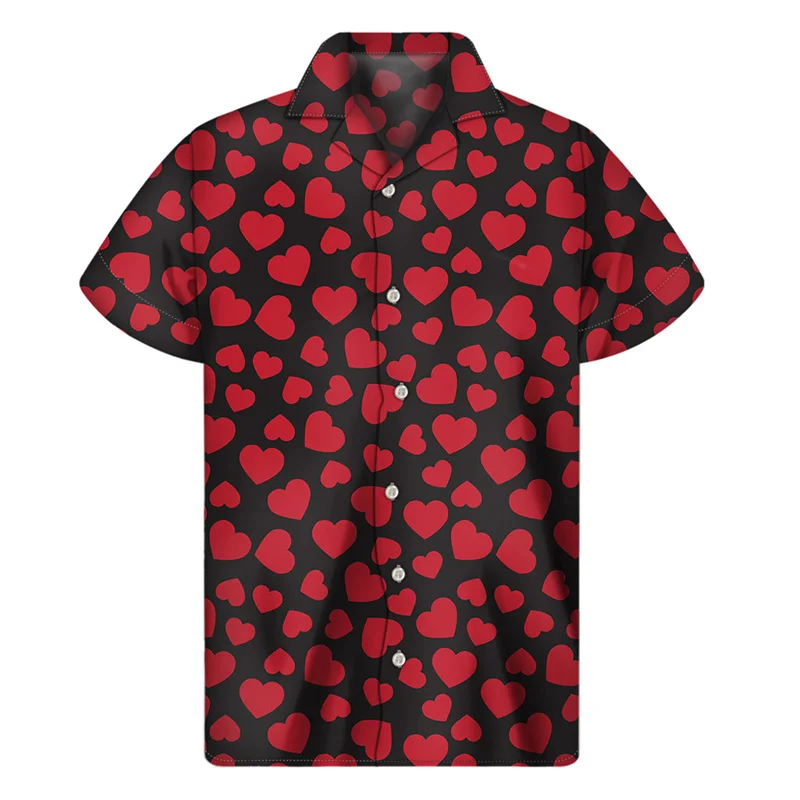 Cute Love Heart Aloha Shirt For Men Clothes 3D Print Hawaiian Shirts Summer Beach Short Sleeve Tops Street Lapel Button Blouse