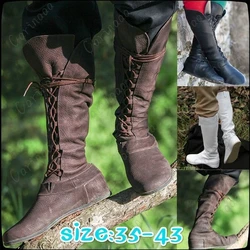 Medieval Retro Women Princess Men Prince Knight Cosplay Leather Short Ankle Boots Gothic Carnival Party High Tube Bandage Shoes