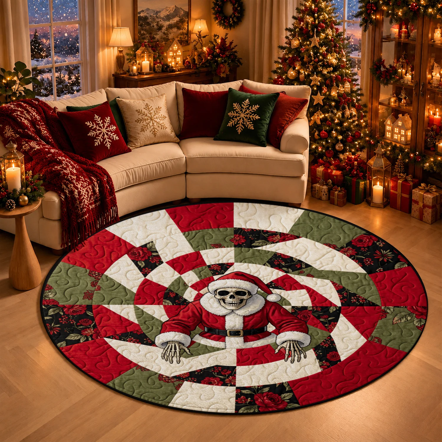 Skull Santa Floral Spiral Round Velvet Mat Machine Washable for Dining Table Kitchen Counter Living Room Coffee Table Halloween Thanksgiving Christmas New Year Black Friday Cyber Monday