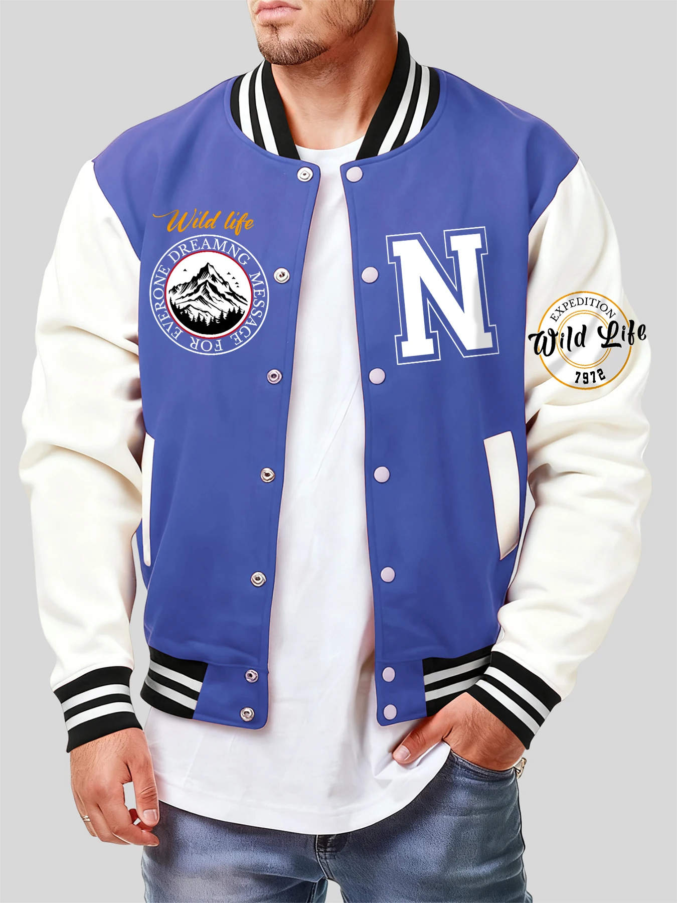 

Wild Life Letter N Print Baseball Jersey Men Casual Street Jacket Fashion Fleece Unisex Clothing Autumn Hip Hop Steetwear