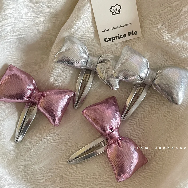 Two Piece Sweet Cool Girl Y2K Leather Bow Bang Clip New Dopamine Side Hairpin Hair accessories headwear