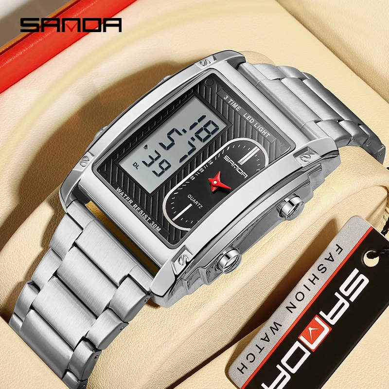 SANDA Top Brand orologi da uomo orologio da polso al quarzo in acciaio inossidabile doppio Display LED orologio elettronico digitale Relogio