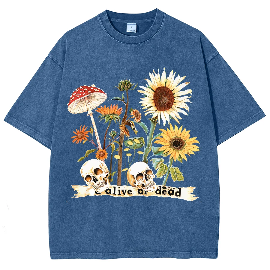 Women Cartoon T-Shirt Vintage Summer Sunflower Print Washed With Water Short Sleeve Tees Couple Streetwear Loose Clothes Tops