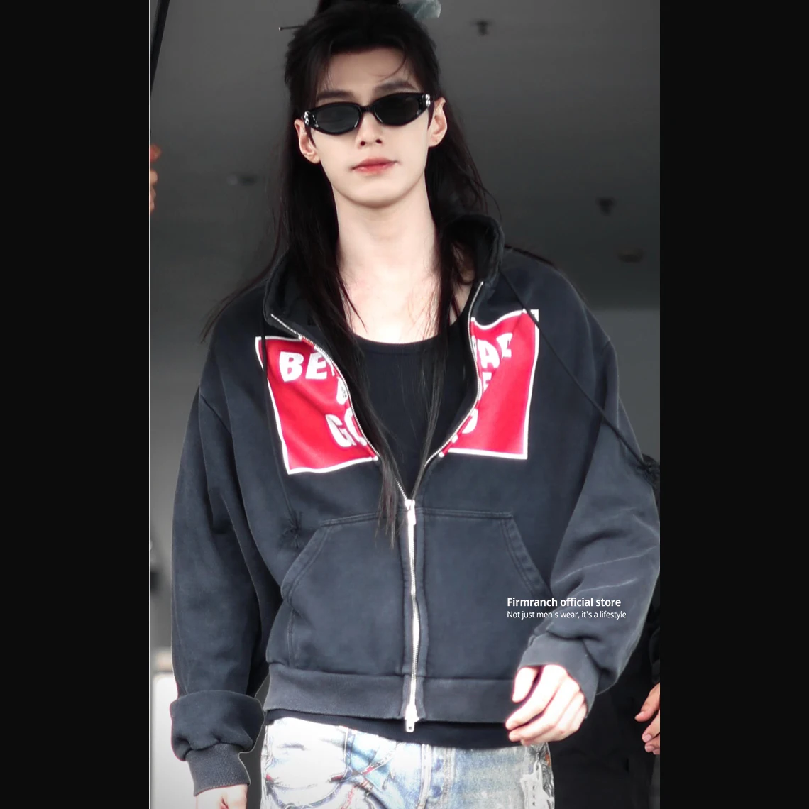 Firmranch 25ss Korean Fashion Slogan Printed Distressed Washed Vintage Zipper Hoodie Jacket For Men Women Black Short Coat