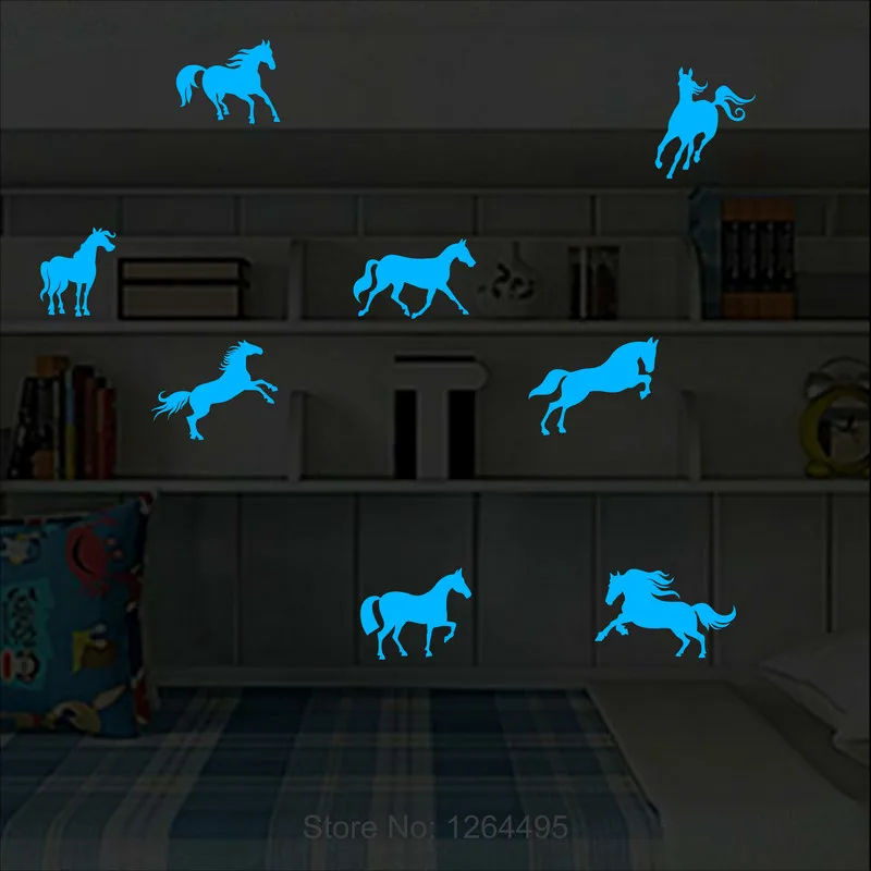 8pcs Horses Glow in the Dark Wall Sticker Cartoon Animal Luminous Sticker Kids Room Decoration Stickers Home Decor Phone Decals