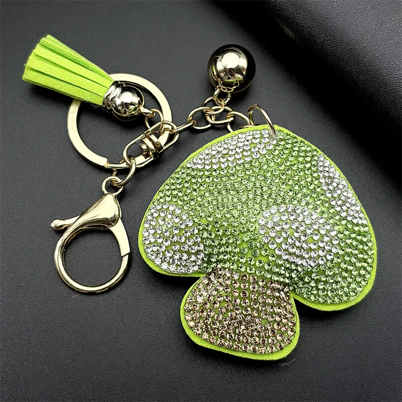 Cute Green Mushroom Keychain For Women Men Full Blingbling Rhinestone Crystal Tassel Fashion Purse Hanging Keyring Jewelry Gifts