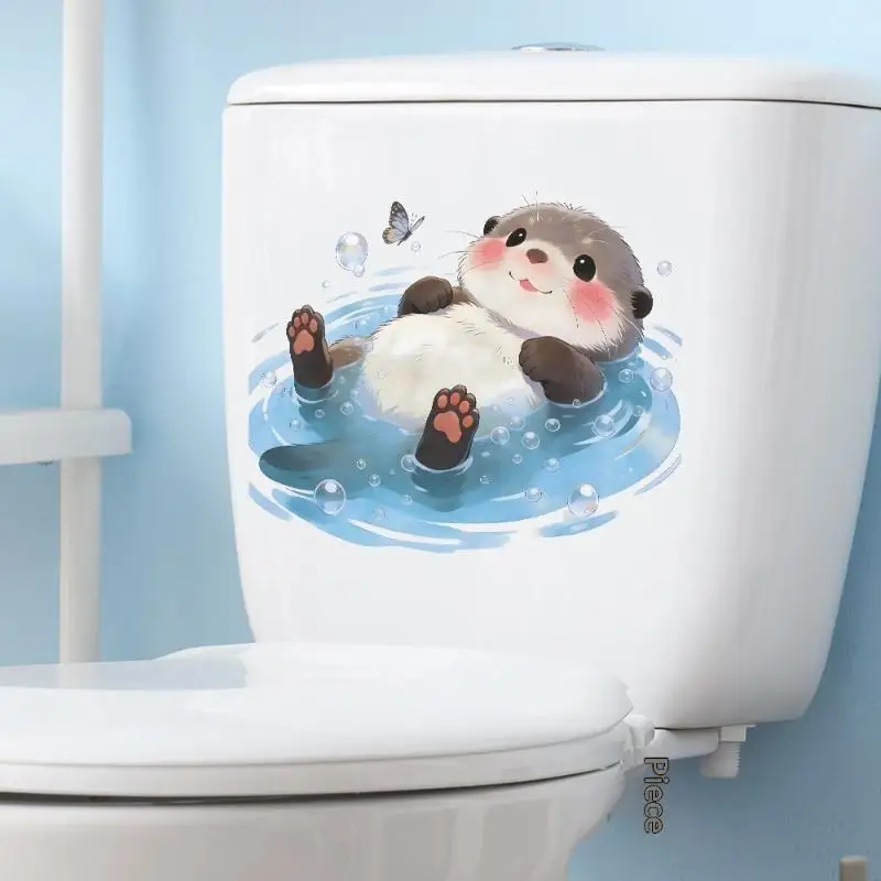 【CC】Cute Otter Toilet Tank Sticker Ocean Wave Vinyl Decal Adhesive Wall Art For Bathroom Home Decor Accessories