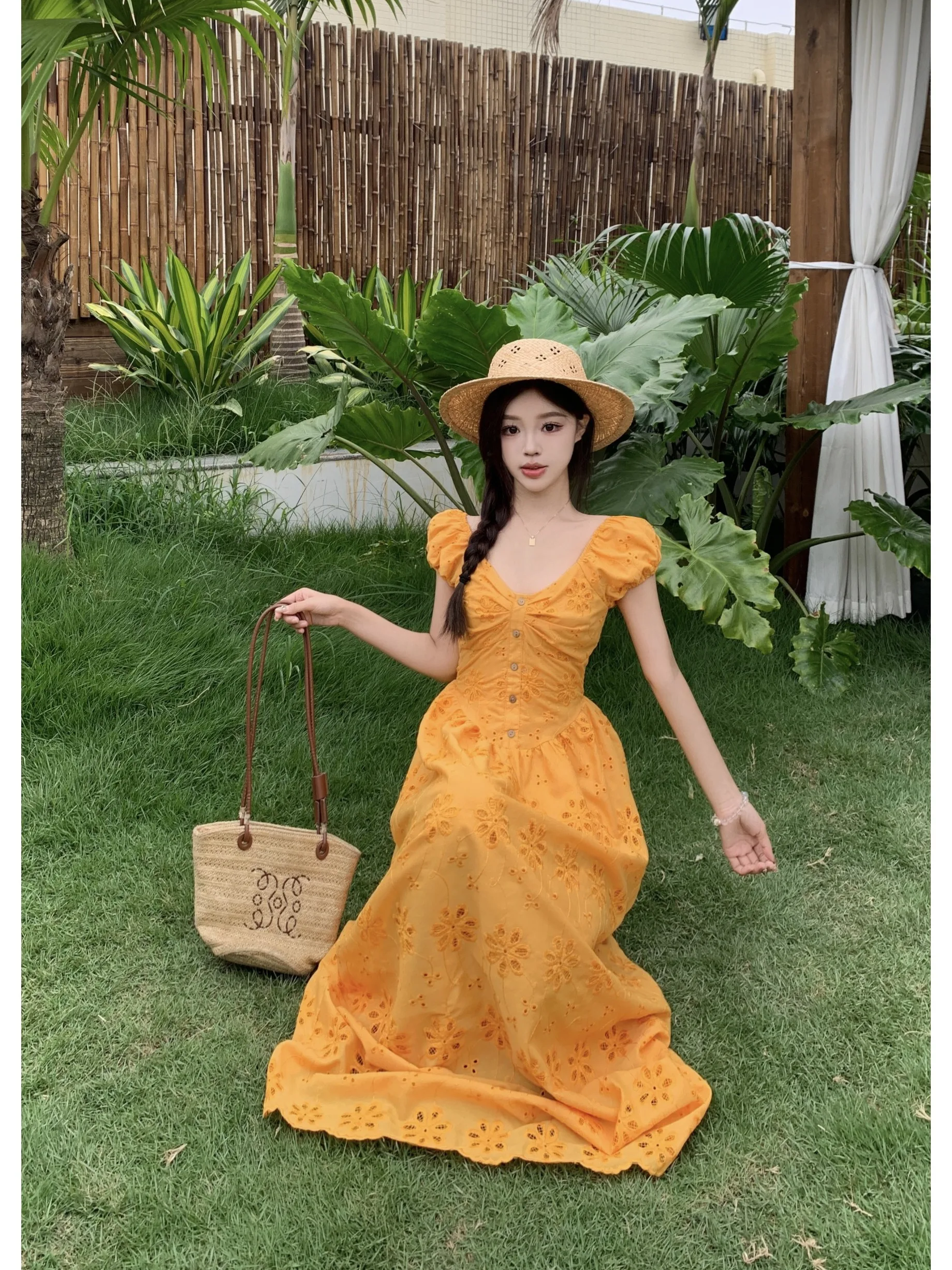 تنورة فرنسية مطرزة بفتحات منقوشة بالزهور باللون الأصفر على شكل حرف a للنساء فساتين طويلة ضيقة لقضاء عطلة الشاطئ هاراجوكو موري جيرل