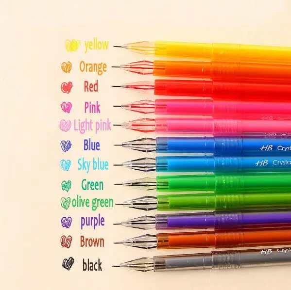 12 Colors/Box Korean Diamond Head Colorful Gel Pen Kawaii Plastic Ball Pen 0.5mm Needle Office Sketch Drawing Color for Gift