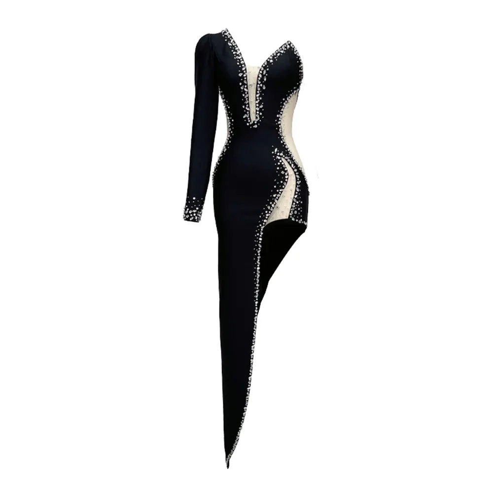 

Women Elegant One Shoulder Bandage Dress Sexy Beading Bodycon Clothes Celebrity Club Party Ladies Dresses