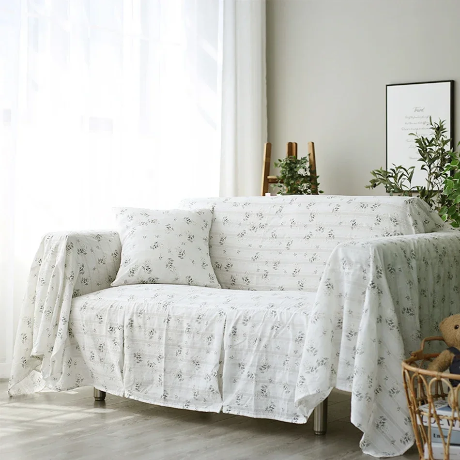 Korean-style Cotton Sofa Cover Blanket Sofa Towel  White lilacs for Living Room Furniture Decor Tapestry Couch Cover in Spring