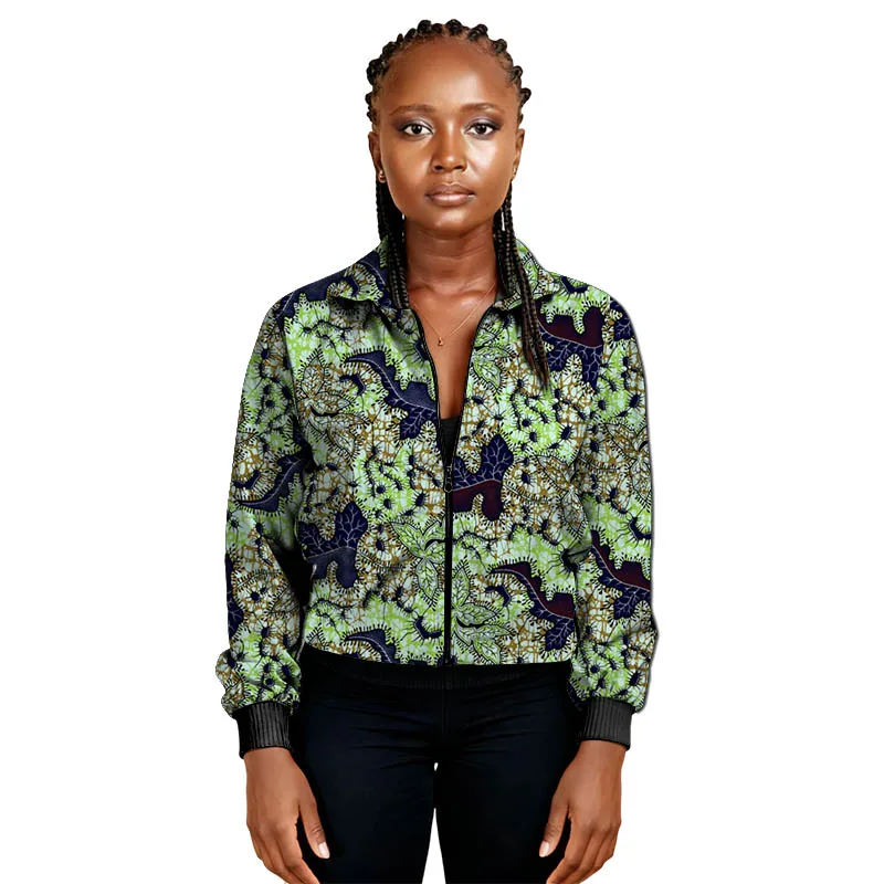 Giacca da donna con cerniera modello foglie couture africane Moda manica lunga colletto con risvolto vestibilità ampia capispalla con stampa Ankara