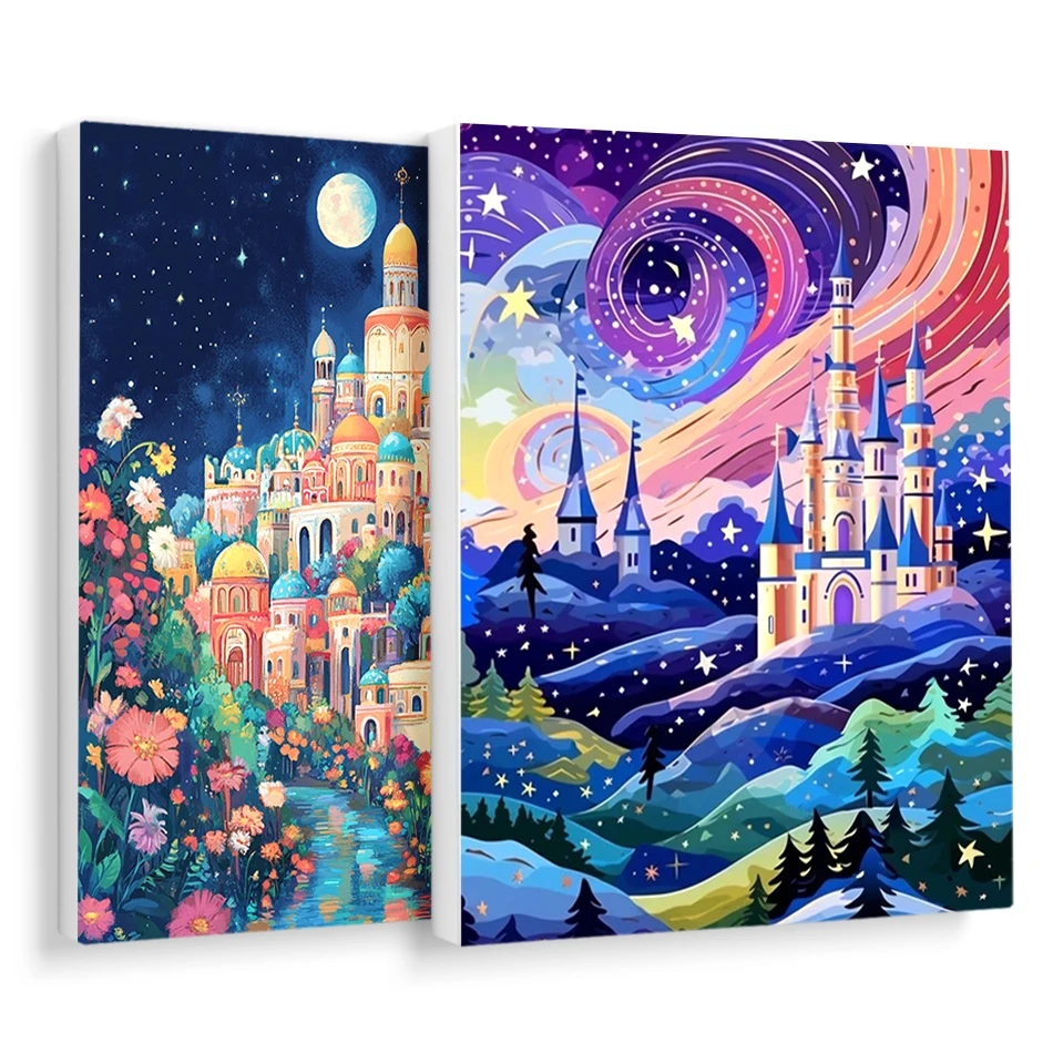 

RUOPOTY Oil Painting By Numbers Castle simple hand drawn cartoon landscape Wall Art Picture digital oil painting Drawing Diy Set