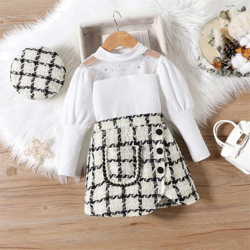 Kids Girls Outfit Set Fashion Sequins Stars Moon Mesh Patchwork Ribbed Long Sleeve T-Shirts Plaid Skirts Beret Cap 3Pcs Clothes