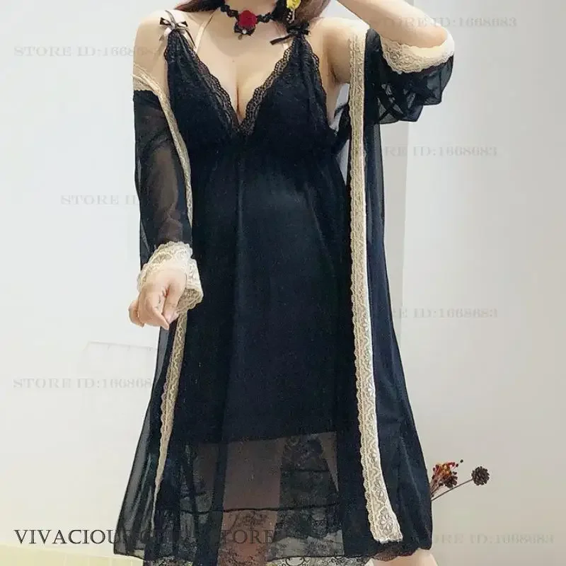 

Женская одежда для сна большого размера, комплект из 2 предметов, ночная рубашка, сексуальная кружевная сетчатая ночная рубашка, нижнее белье, домашнее платье, свободная повседневная одежда для дома 3XL 4XL