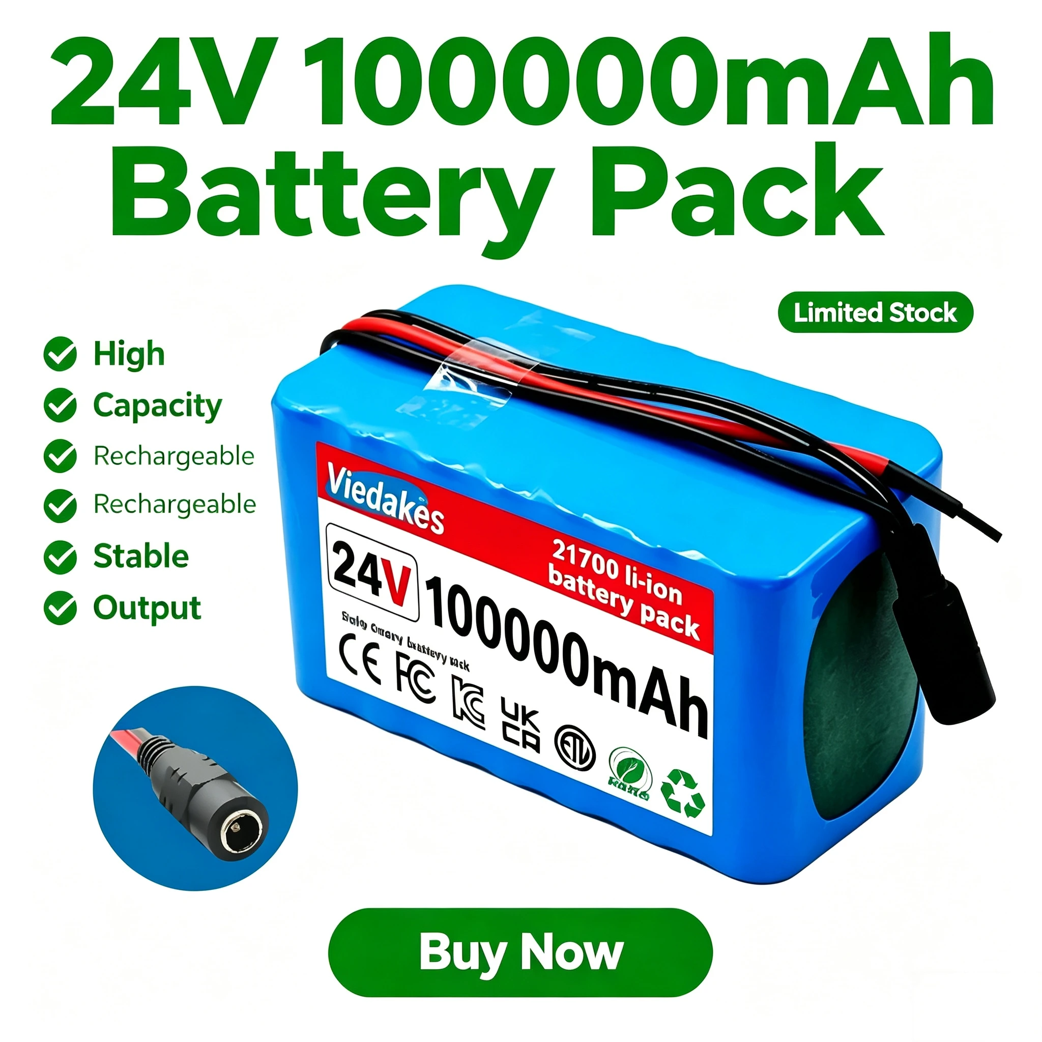 VIEDAKES 24V 100Ah 7S3P Battery Pack for 24V Small Electric Devices and Kids Electric Toy Cars Wheelchairs Battery