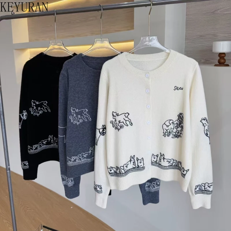 

Gray Cartoon Embroidery Single Breasted Knitted Cardigan Women's Clothing Autumn French O-Neck Long Sleeve Soft Sweater Jacket