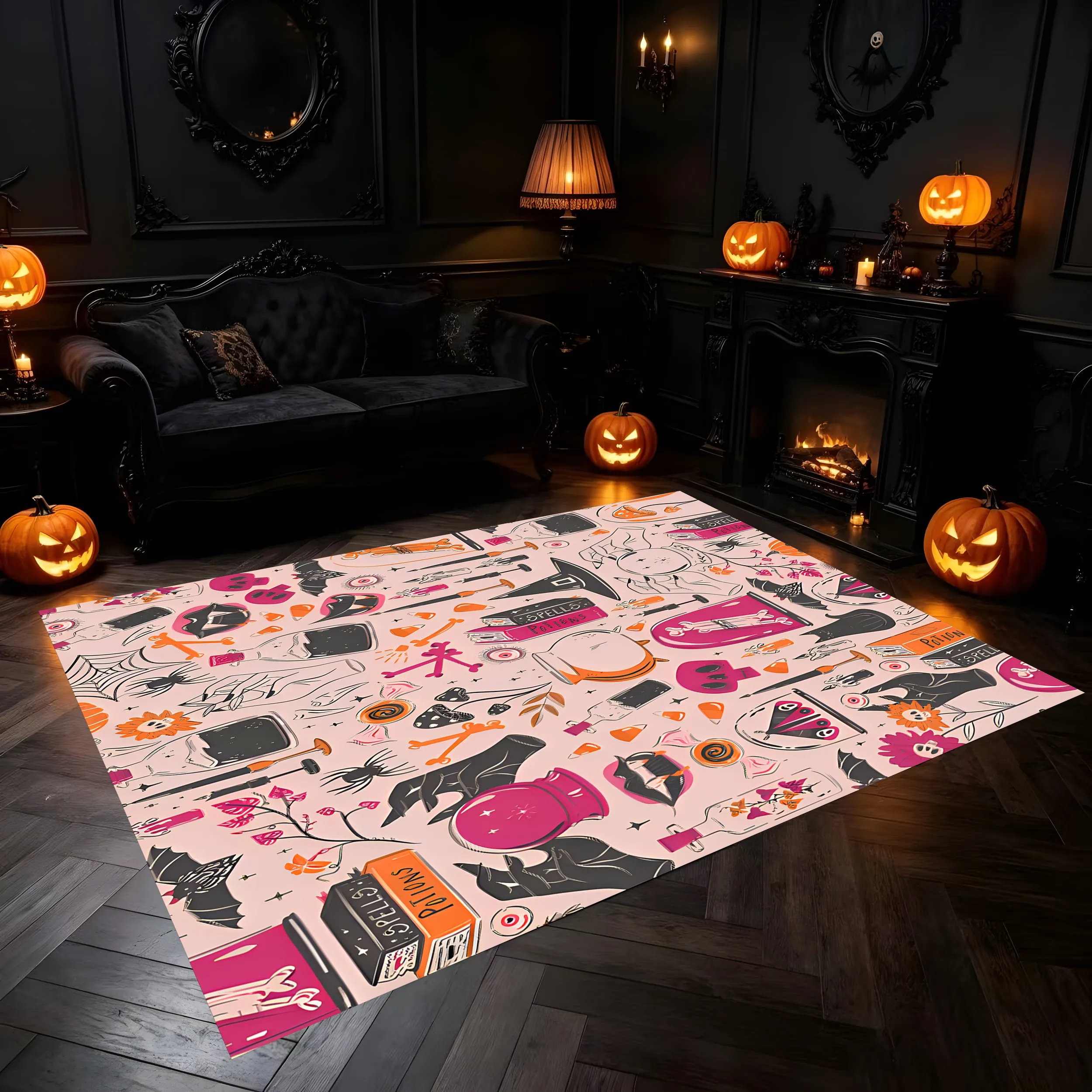 Velvet Rug All over Halloween Quirky Magical Sweet Cool Color Block for Entryway Bedroom Living Room Decor