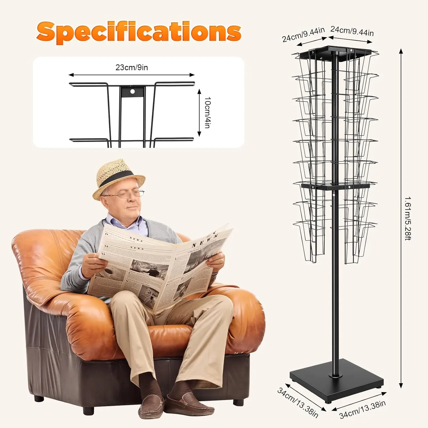 Rotating Magazine Rack, Holds 36 Magazines, 360° Spinning Display Stand, Customized