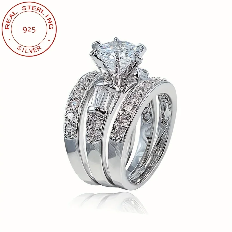 

3pcs/set 925 Sterling Silver Women Ring Set Jewelry CZ Engagement Wedding Stackable Rings Banquet Party Jewelry