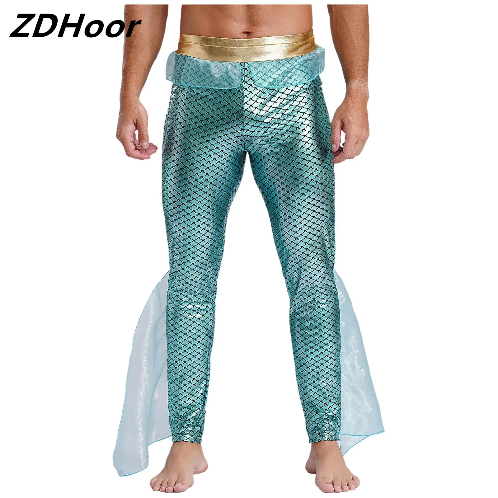 

Mens Mermaid Dance Pants King of The Seas Costume Elastic Waist Metallic Shiny Fishscale Print Tights Leggings for Halloween